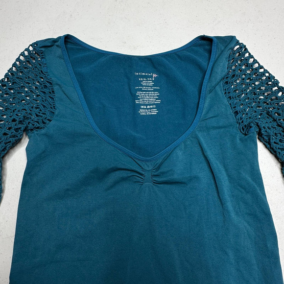 Free People Intimately Open Knit Sleeve Fitted Ruched Top Teal Women XS/S NWT - Picture 4 of 7